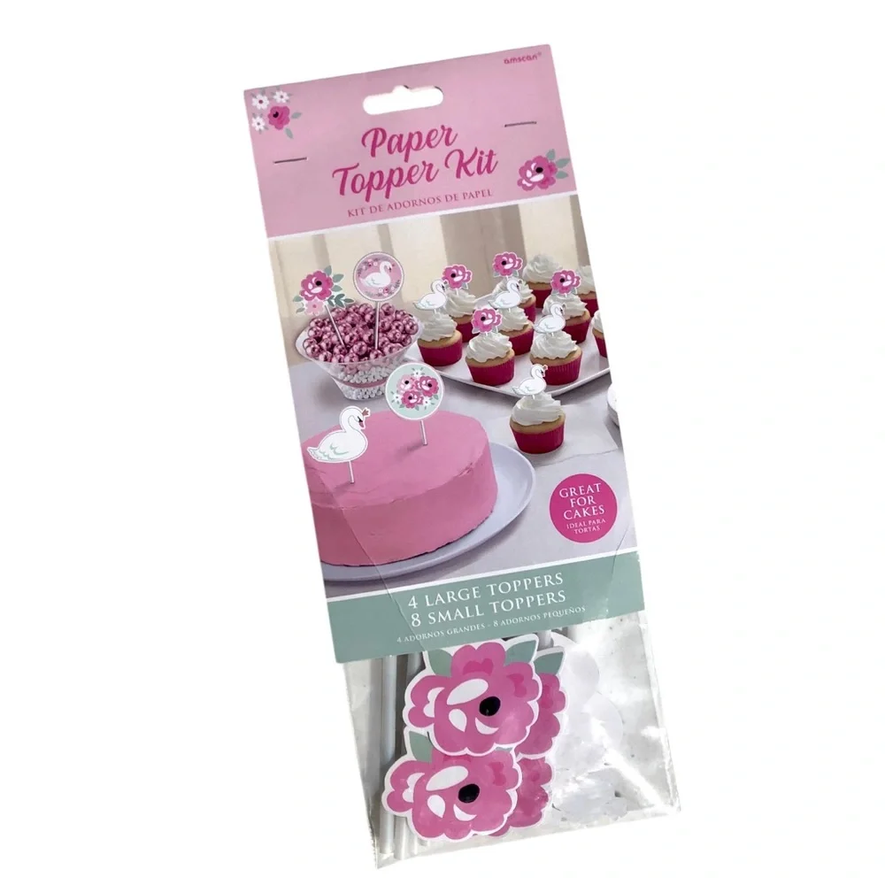 Amscan Swan Pink Floral Paper Topper Kit: Pink & White Cake/Cupcake Toppers 12ct